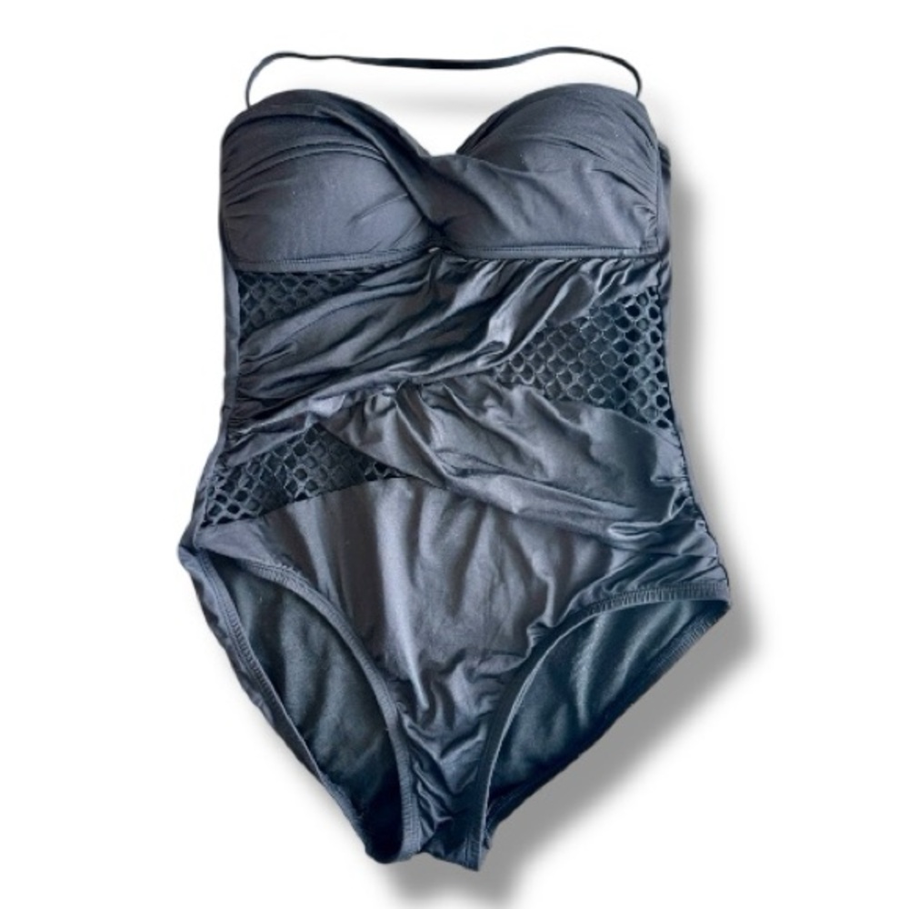 APT 9 Black One Piece Swimsuit Strapless Ruched Mesh Cutout Size Medium